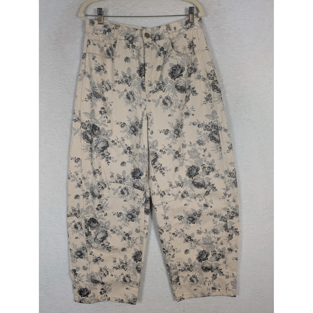 Peach Love California Pants Women\'s Large Cream Floral Rose High Rise Relaxed